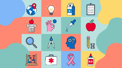 Fototapeta premium Education, Science, Health and Idea themed flat design icon set