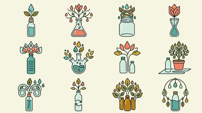 Conjunto de &iacute;cones vetoriais lineares representando frascos de vidro, garrafas e recipientes de laborat&oacute;rio combinados com elementos bot&acirc;nicos, flores e gotas de &aacute;gua em estilo minimalista.