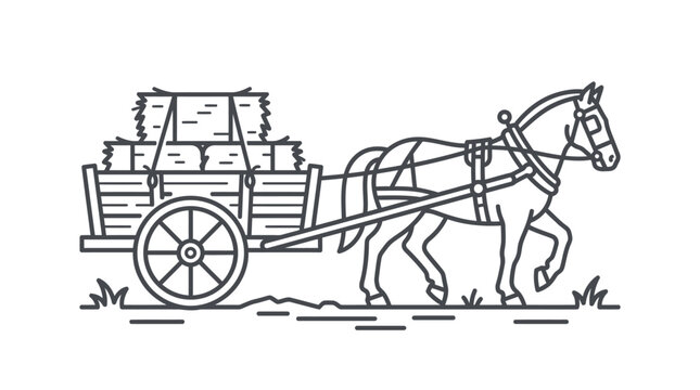 Horse pulling wooden cart loaded with hay bales line art.