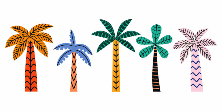 Five palm trees colorful vector illustration on a white background