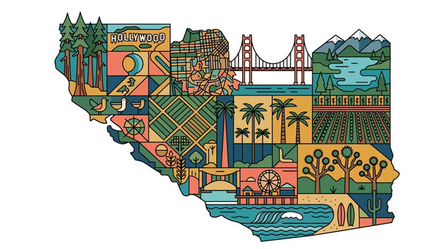 Mapa estilizado da Calif&oacute;rnia com ilustra&ccedil;&otilde;es ic&ocirc;nicas de marcos famosos, natureza, vinhedos e cultura costeira em um design gr&aacute;fico colorido e moderno.