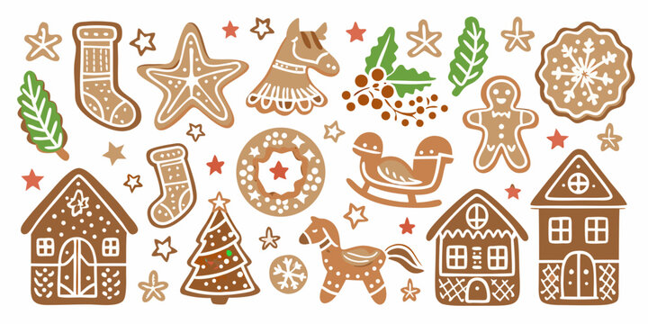 Gingerbread cookies and festive ornaments a vector illustration on white