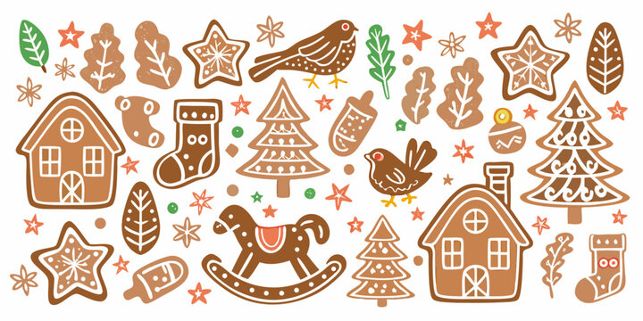Gingerbread cookies and holiday ornaments vector illustration on white background