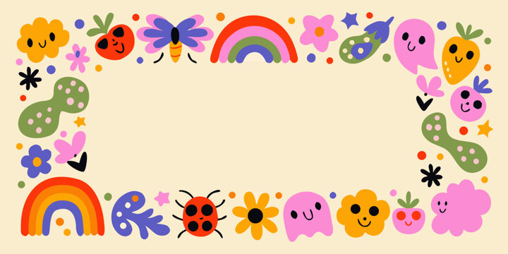Kawaii doodle frame with rainbow flowers and ghost characters vector illustration