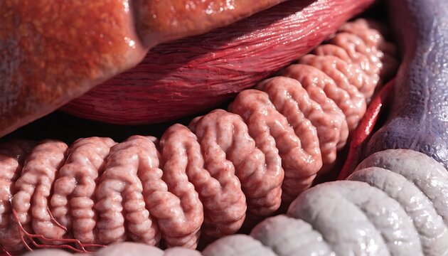 Close up macro shot of raw red meat fibers and fat marbling on dark wooden board