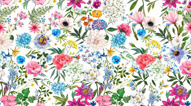 Padr&atilde;o floral vibrante com uma variedade de flores coloridas, incluindo pe&ocirc;nias, hort&ecirc;nsias e folhagens delicadas, criando um design bot&acirc;nico art&iacute;stico e alegre sobre um fundo branco.