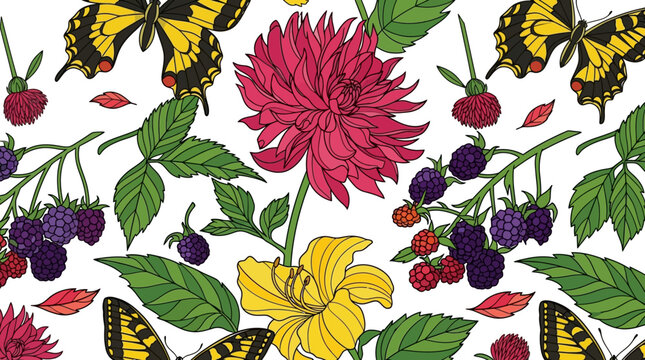 Padr&atilde;o floral decorativo com borboletas amarelas, flores d&aacute;lia rosa, l&iacute;rios amarelos e amoras frescas em um fundo branco, ideal para design t&ecirc;xtil e papel de parede.
