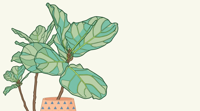 Illustration vectorielle d'un figuier lyre en pot avec des feuilles vertes textur&eacute;es sur un fond cr&egrave;me clair, id&eacute;al pour la d&eacute;coration int&eacute;rieure et le design botanique.