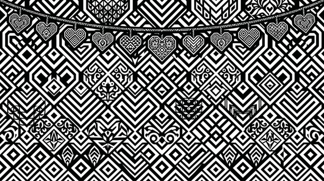Fundo decorativo com padr&atilde;o geom&eacute;trico de cora&ccedil;&otilde;es em preto e branco e uma guirlanda pendurada de cora&ccedil;&otilde;es ornamentados para design rom&acirc;ntico e celebra&ccedil;&otilde;es especiais.