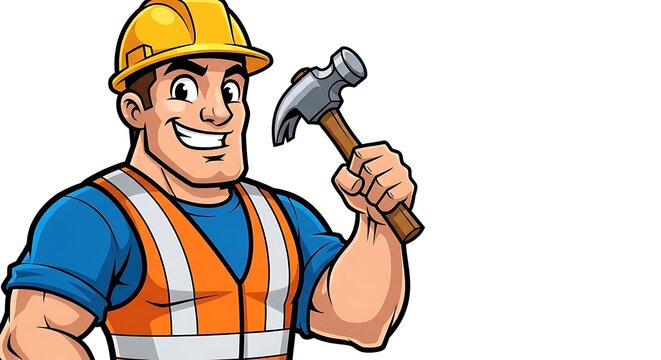 Cartoon construction worker mascot holding a hammer on white background.