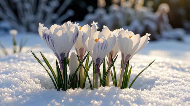 Crocuses Blooming in Snow - Delicate white crocuses push through a blanket of sparkling snow, their petals kissed by the gentle light of dawn.