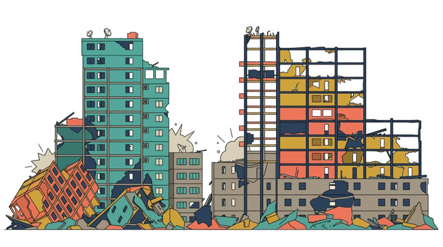 Ilustra&ccedil;&atilde;o vetorial de edif&iacute;cios urbanos em ru&iacute;nas e pr&eacute;dios destru&iacute;dos ap&oacute;s um desastre, mostrando escombros e estruturas danificadas em um estilo de design plano e colorido.