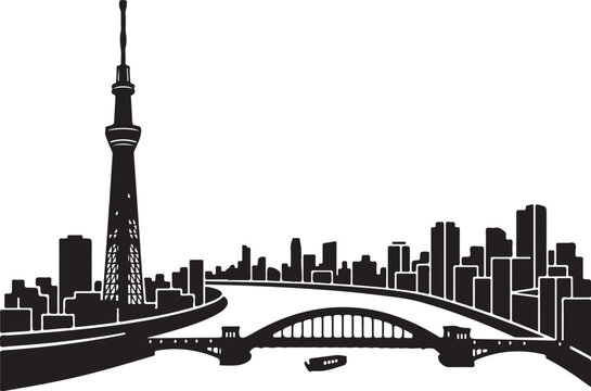 Tokyo cityscape, Tokyo Tower, urban skyline, black silhouette, vector illustration