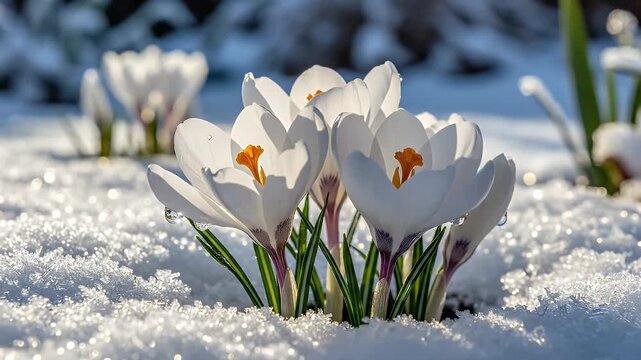 White Crocus Flowers Emerging from Snow - Delicate white crocus flowers with bright orange centers push through a blanket of sparkling snow.