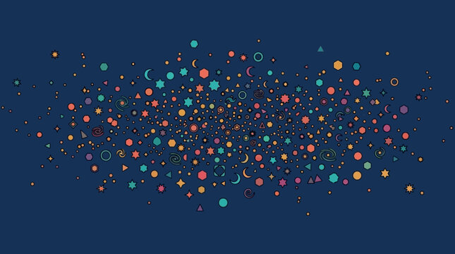 Fundo abstrato com formas geom&eacute;tricas coloridas, c&iacute;rculos, luas e estrelas dispersas sobre um fundo azul escuro, criando um padr&atilde;o festivo e moderno para design gr&aacute;fico.