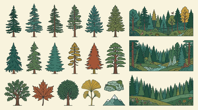 Conjunto de ilustra&ccedil;&otilde;es vetoriais com diversos tipos de &aacute;rvores, con&iacute;feras, folhagens e paisagens florestais desenhadas em um estilo art&iacute;stico e detalhado para design gr&aacute;fico.