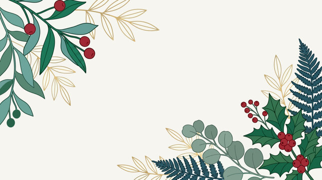 Fundo decorativo elegante com ilustra&ccedil;&otilde;es bot&acirc;nicas de ramos de azevinho, bagas vermelhas e folhas de samambaia em estilo minimalista com detalhes dourados para cart&otilde;es de Natal.