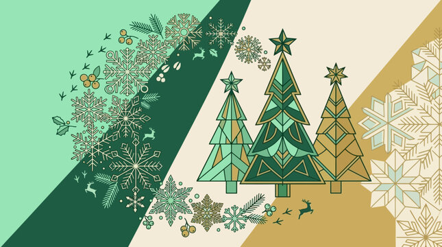 Fundo festivo de Natal com &aacute;rvores geom&eacute;tricas estilizadas e padr&otilde;es de flocos de neve em tons de verde e dourado, ideal para cart&otilde;es de felicita&ccedil;&otilde;es e designs sazonais elegantes.