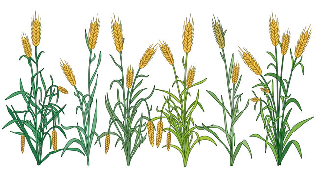 Ilustra&ccedil;&atilde;o vetorial de um conjunto de plantas de trigo maduras com espigas douradas e caules verdes, isoladas sobre um fundo branco, ideal para design agr&iacute;cola e temas de colheita.