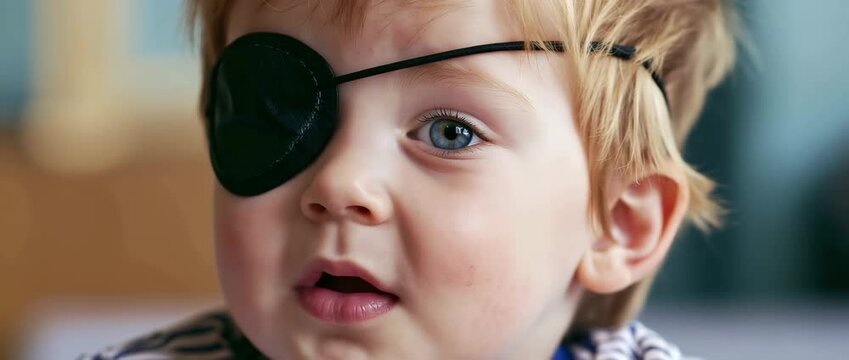 A child wearing an eye patch. eye treatment.