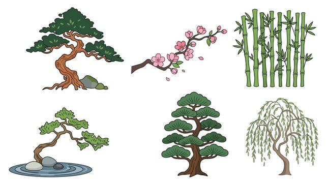 Eine Sammlung von handgezeichneten Illustrationen asiatischer Pflanzen, darunter Bonsai-B&auml;ume, Kirschbl&uuml;tenzweige, Bambusrohre und eine Trauerweide auf wei&szlig;em Hintergrund.