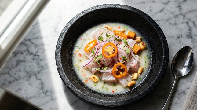 Overhead view of Peruvian ceviche in stone bowl with aji amarillo red onion and tiger milk