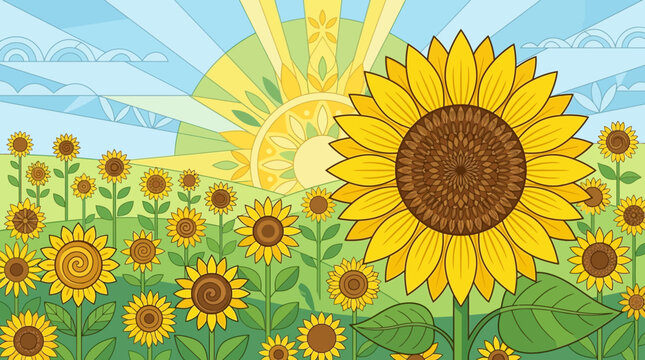 Eine farbenfrohe, stilisierte Illustration eines Sonnenblumenfeldes bei strahlendem Sonnenschein mit einem dekorativen, geometrischen Sonnenaufgang im Hintergrund.