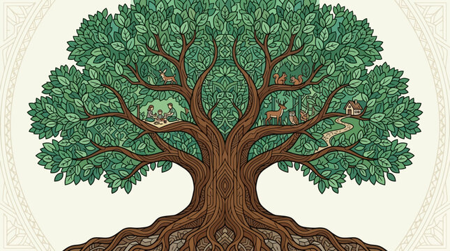 Illustration d&eacute;taill&eacute;e d'un arbre de vie majestueux avec des animaux cach&eacute;s, des oiseaux et une petite maison dans un style artistique sym&eacute;trique sur fond cr&egrave;me.