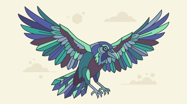 Eine stilisierte, farbenfrohe Illustration eines fliegenden Raben mit geometrischen Mustern und einer modernen, flachen Grafik&auml;sthetik auf einem hellen Hintergrund.