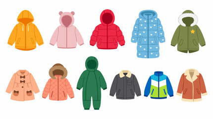Set of various colorful cartoon children's coats and jackets on white background © Tahphoto