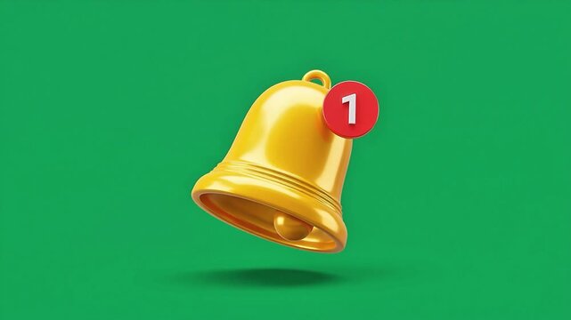 3D Animation of Gold Notification Bell with Red Badge Alert Subscribe Reminder Concept on Green Screen Background