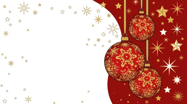 Festlicher Hintergrund mit roten Weihnachtskugeln und goldenen Sternen auf einer geteilten Fl&auml;che mit viel Platz f&uuml;r Text f&uuml;r weihnachtliche Gru&szlig;karten und Banner