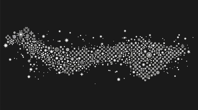 Une composition abstraite dynamique compos&eacute;e de points blancs et de formes g&eacute;om&eacute;triques circulaires dispos&eacute;s en une tra&icirc;n&eacute;e ondulante sur un fond noir profond pour un design moderne.