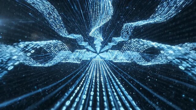 Abstract Blue Binary Data Flow - This digital abstract depicts a futuristic visualization of binary code streams flowing and converging towards a central point.