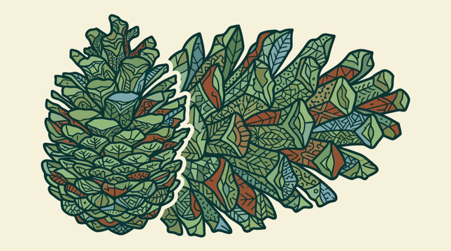 Ilustraci&oacute;n art&iacute;stica de dos pi&ntilde;as de pino con patrones decorativos intrincados y estilo bot&aacute;nico detallado sobre un fondo de color crema suave para dise&ntilde;o creativo.