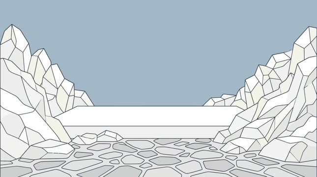 Ilustraci&oacute;n vectorial de un paisaje monta&ntilde;oso minimalista con rocas poligonales y una plataforma central plana sobre un fondo de color gris suave para dise&ntilde;o gr&aacute;fico.
