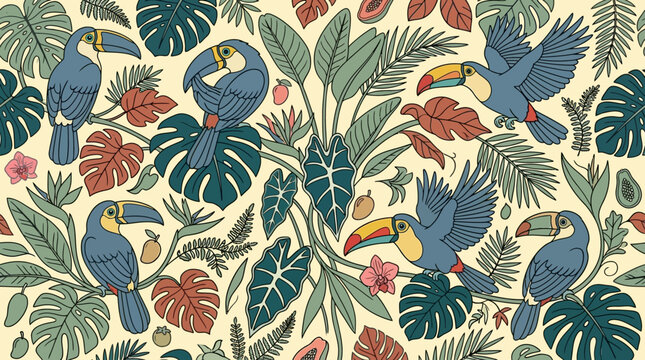 Motif r&eacute;p&eacute;titif sans couture avec des toucans bleus stylis&eacute;s et des feuilles tropicales luxuriantes dans un style d'illustration botanique vintage sur fond cr&egrave;me.
