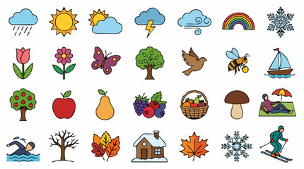 Fototapeta premium Nature, weather, and seasonal activity icons in flat design style
