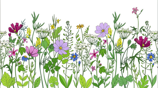 Illustration botanique de fleurs sauvages color&eacute;es et herbes sur fond blanc, motif floral sans couture pour le design textile, la papeterie et la d&eacute;coration printani&egrave;re.