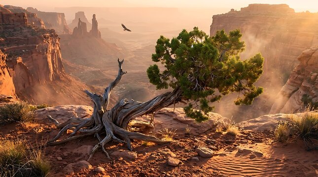 Lonely tree in a rocky desert canyon during a golden sunset with a bird flying in the distance
