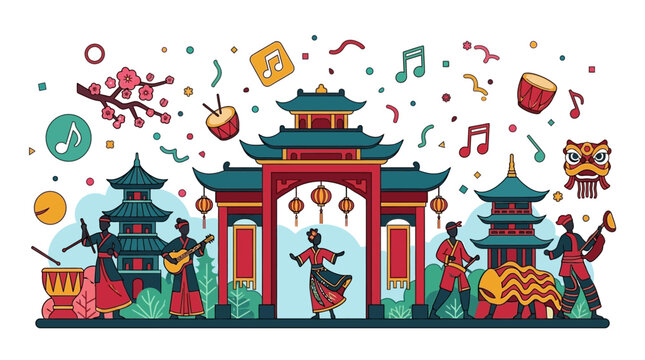 Ilustraci&oacute;n vectorial plana de una celebraci&oacute;n del A&ntilde;o Nuevo Chino con personas bailando, m&uacute;sicos tocando instrumentos tradicionales, pagodas, farolillos y una danza del le&oacute;n festiva.