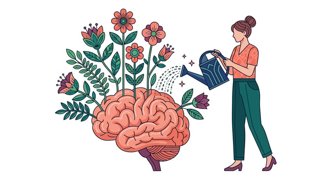Eine Frau gie&szlig;t mit einer Gie&szlig;kanne Blumen, die aus einem menschlichen Gehirn wachsen, als Symbol f&uuml;r geistiges Wachstum, psychische Gesundheit, Selbstf&uuml;rsorge und kognitive Entwicklung.