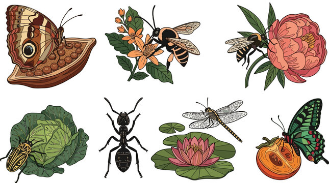 Conjunto de ilustra&ccedil;&otilde;es bot&acirc;nicas e de insetos desenhadas &agrave; m&atilde;o, incluindo borboletas, abelhas, formiga, lib&eacute;lula e flores coloridas em estilo art&iacute;stico detalhado sobre fundo branco.