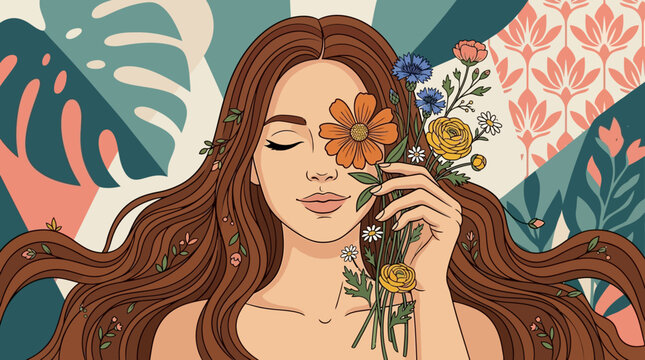 Ilustraci&oacute;n art&iacute;stica de una mujer joven con cabello largo y casta&ntilde;o sosteniendo un ramo de flores silvestres frente a su rostro sobre un fondo bot&aacute;nico decorativo y colorido