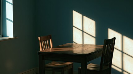 Fototapeta premium Minimalist Dining Room with Wooden Table and Sunlight Shadows