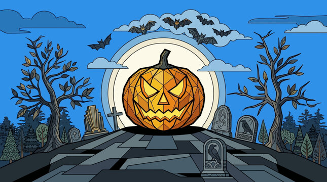 Uma ilustra&ccedil;&atilde;o vetorial estilizada de uma ab&oacute;bora de Halloween com design geom&eacute;trico, cercada por um cemit&eacute;rio assustador com l&aacute;pides, &aacute;rvores secas, morcegos e uma lua cheia ao fundo.