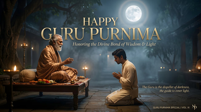 Guru Purnima guru teaching disciple beneath moonlit ashram celebrating wisdom devotion and guidance design