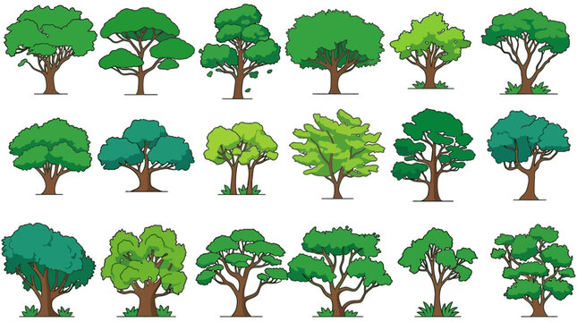 Ensemble d'illustrations vectorielles d'arbres &agrave; feuilles caduques aux formes vari&eacute;es, isol&eacute;s sur fond blanc, parfaits pour des projets de design paysager, de nature ou d'&eacute;cologie.