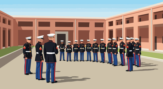 Marines in Uniform Standing in Formation Outside Brick Buildings