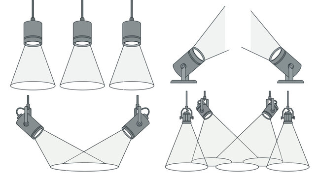 Conjunto de iconos vectoriales planos que muestran varios tipos de l&aacute;mparas de iluminaci&oacute;n, focos y luces colgantes con haces de luz proyectados sobre un fondo blanco aislado.